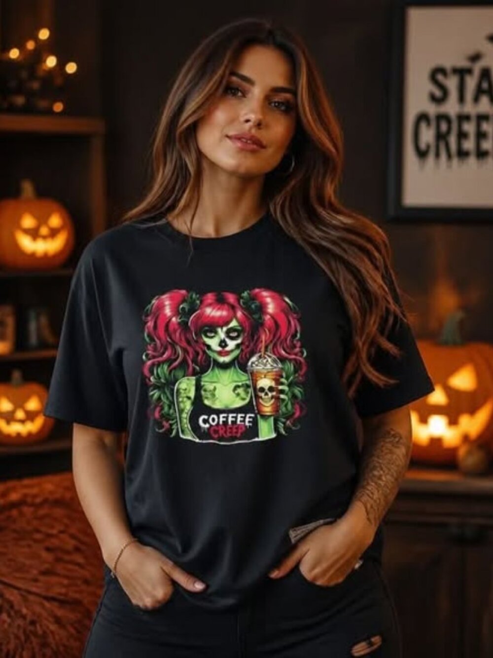 Coffee Creep Halloween Graphic T-Shirt Pink Hair Zombie Girl Coffee Tee